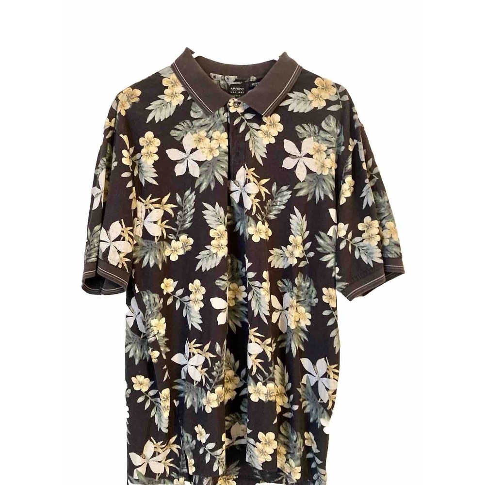 Arrow men's shirt Size Xl black Hawaiian Floral Short Sleeve Polo‎